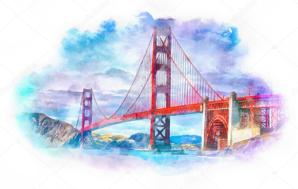 Golden Gate Bridge watercolor illustration, San Francisco, California, Usa