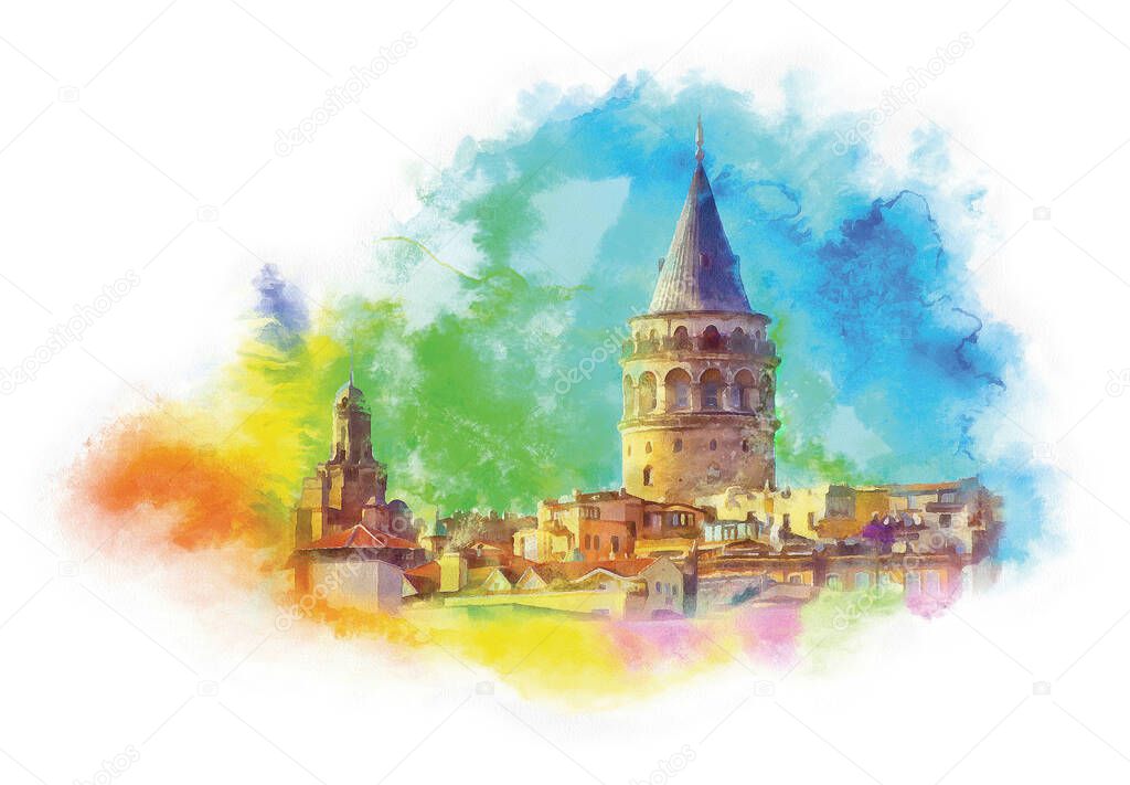 Galata tower watercolor illustration, Istanbul