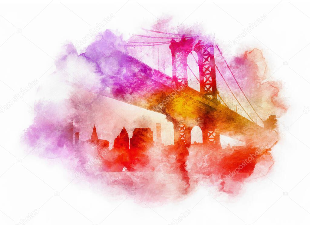 Manhattan Bridge watercolor illustration, New York, Usa