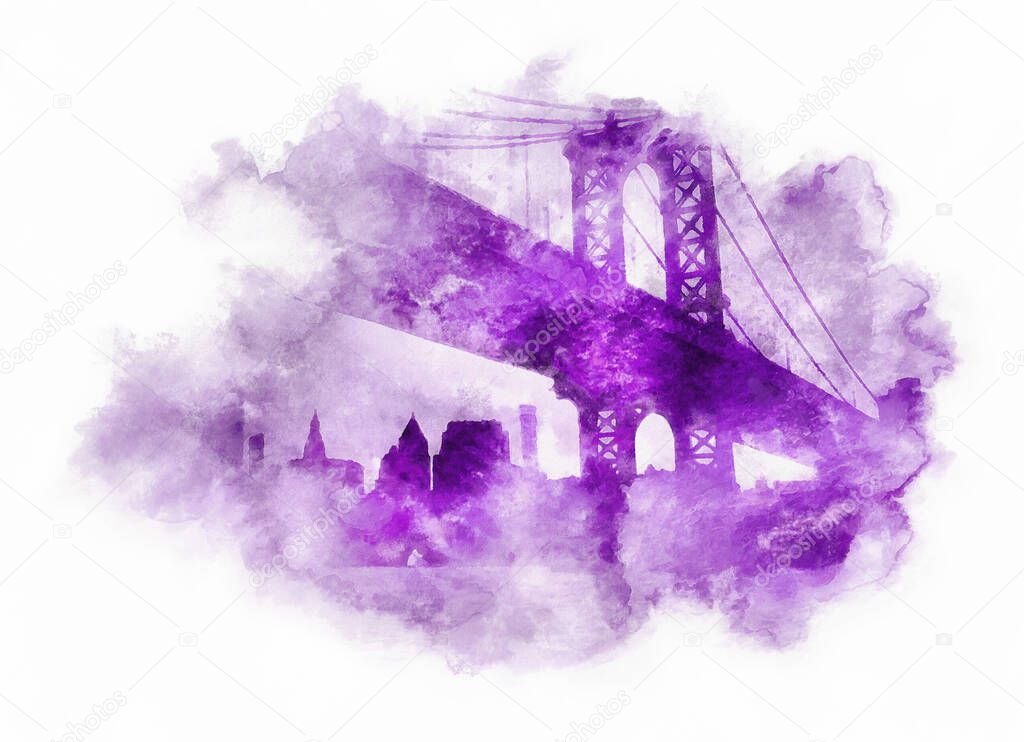 Manhattan Bridge and city watercolor illustration, New York, Usa