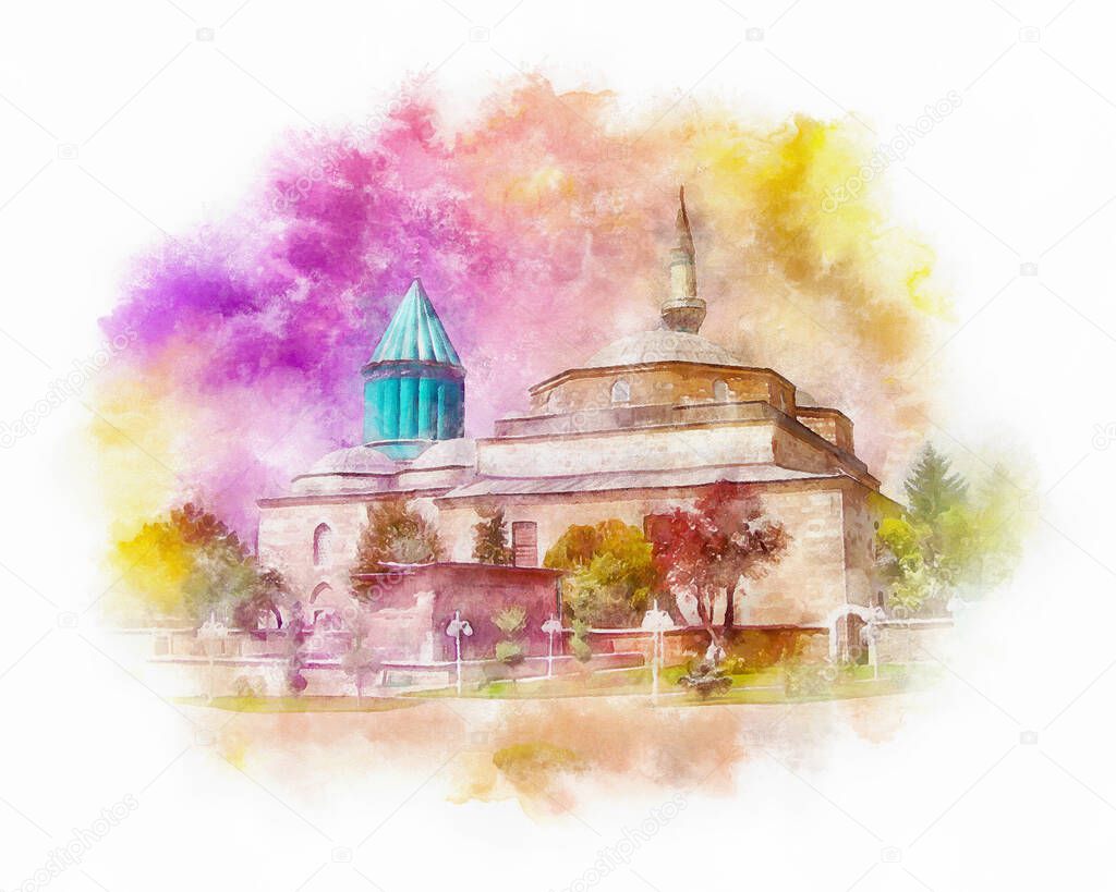 Mevlana Mosque and Tomb watercolor illustration, Konya, Anatolia, Turkey