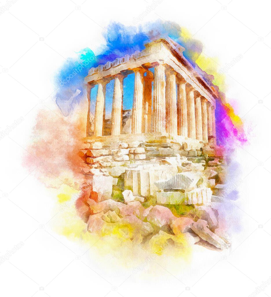 The Parthenon on the Acropolis, watercolor illustration, Athens, Greece