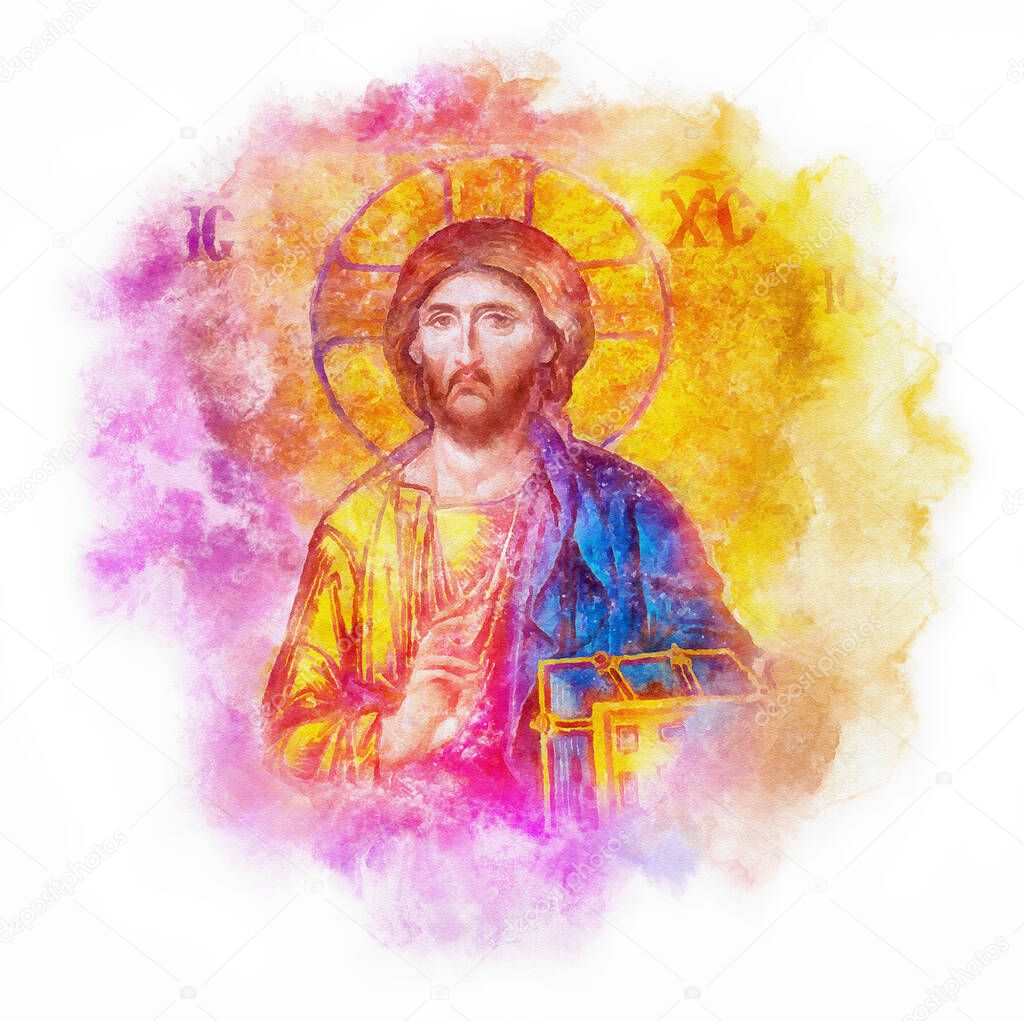 Jesus mosaic watercolor illustration, hagia sophia, istanbul, turkey