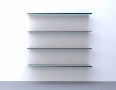 Beyaz bir duvardaki cam raf.