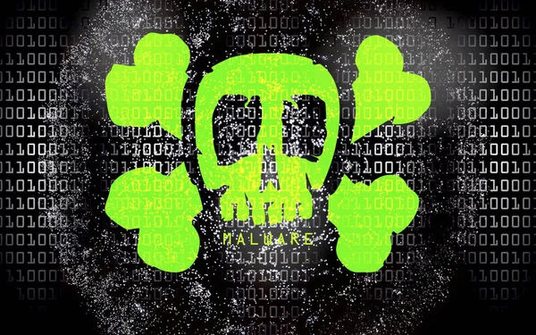 Malware Virus Auf Einem Computerbildschirm Binärcode Schädel — Stockfoto