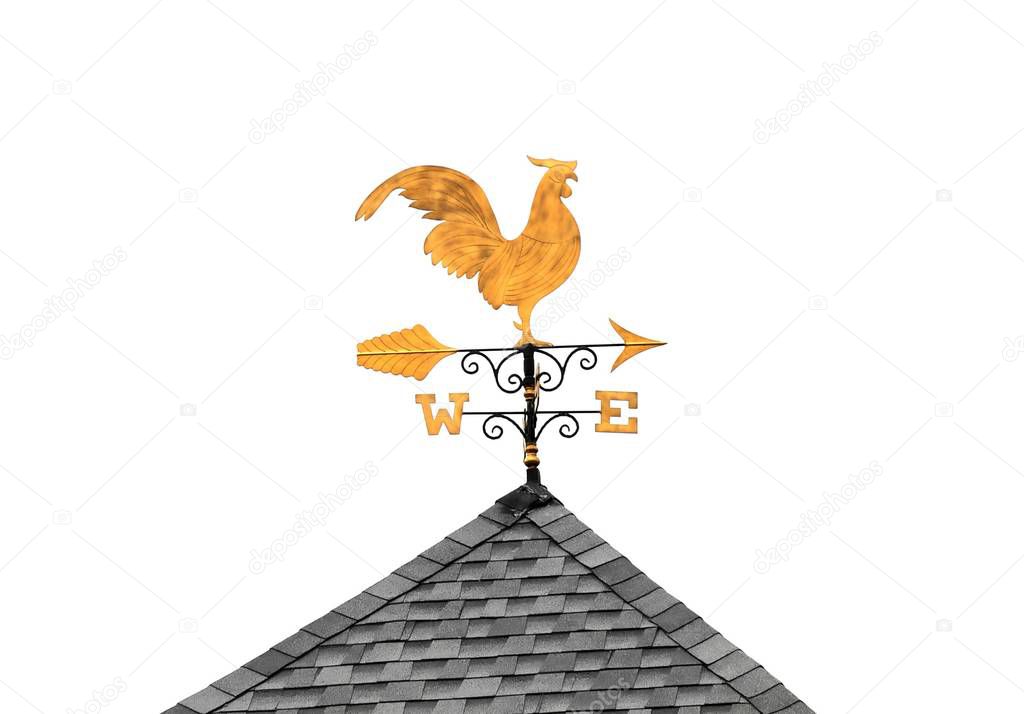 Golden weather vane chicken on roof isolated on white background