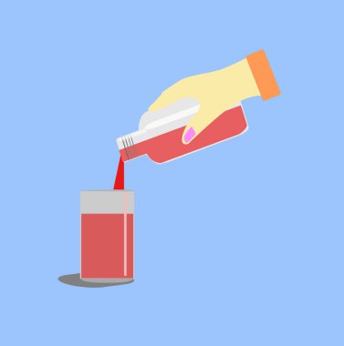 Kadın el yakından kırmızı su mavi zemin üzerine cam içine dökme