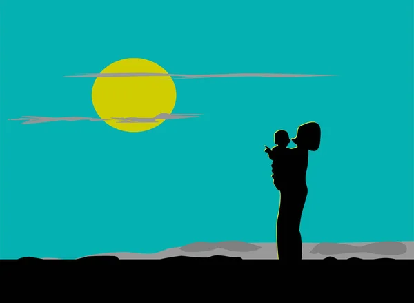 Silhouette Mère Fils Debout Sur Montagne Regardant Fond Bleu Lune — Image vectorielle