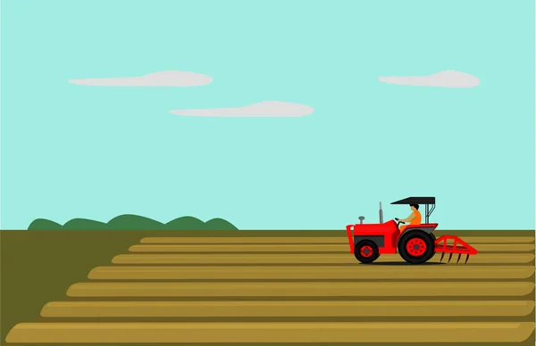 Hombre Conduce Tractor Rojo Con Fin Arar Suelo Campo Tener — Vector de stock