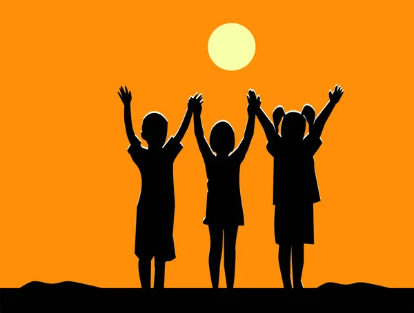 Silhouette Three Children Friendship Sunset Friendship Team Shake Hands — Stock Vector