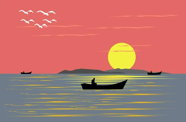 Perahu Nelayan Berlayar Laut Malam Memiliki Latar Belakang Merah Matahari - Stok Vektor