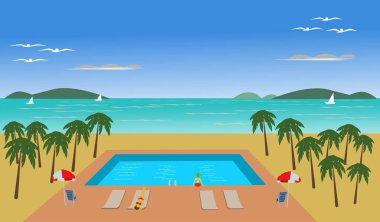 Konumunun havuz, hindistan ceviziağaçlarının arasında yoktur. Deniz ve mavi gökyüzü arka plan vardır.