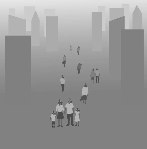 Groupe Personnes Portant Des Masques Gaz Marchent Dans Les Rues — Image vectorielle