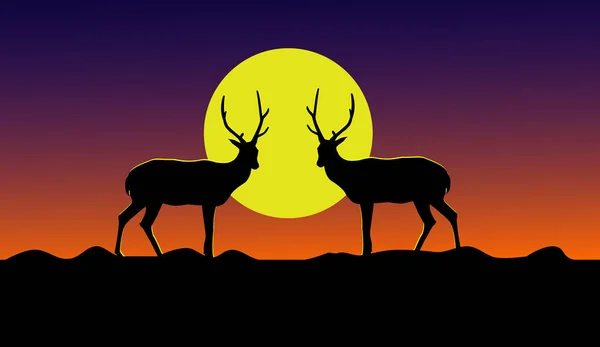 Silhouette Von Zwei Hirschen Die Auf Einem Berg Stehen Mit — Stockvektor