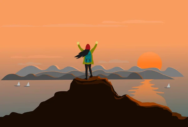 Femme Tient Sommet Montagne Heureusement Mer Les Montagnes Coucher Soleil — Image vectorielle