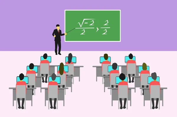 Male Teacher Points Blackboard Teach Students Classroom — Stock Vector