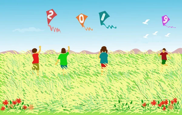 Quatre Enfants Jouent Cerf Volant Avec Une Figure 2019 Dans — Image vectorielle