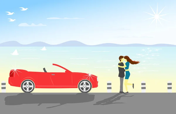 Couple Hugging Sea Red Cabs Parked Sea Mountains Background — Stock Vector