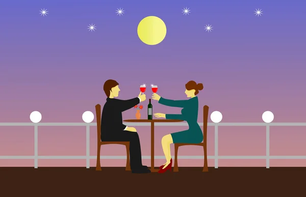 情侣们在木桌上喝着酒 屋顶以月亮为背景 — 图库矢量图片#
