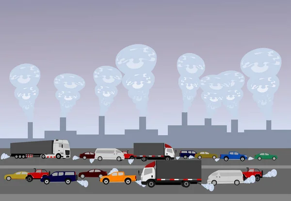 Zanieczyszczenia Spowodowane Przez Samochody Drogach Zakładów Przemysłowych Miastach Całym Świecie — Wektor stockowy