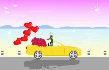 Couples sit on a yellow convertible with red roses and red heart shaped balloons. With sea as background clipart