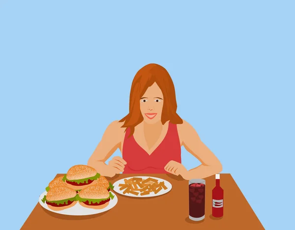 Kadın kahverengi ahşap bir masa üzerinde hızlı yemek yeme.