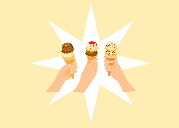 Üç kadın elinde dondurma kadar tutuyor. Arka plan beyaz bir yıldız ile