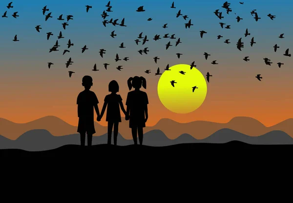 Silhouette Three Children Standing Sunset Birds Flying Sky Mountain Background — Stock Vector