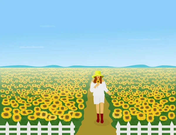 Women White Dress Wearing Hat Walking Sunflower Field White Fence — Stock Vector