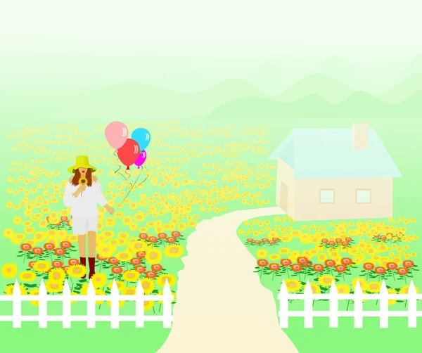 White Dress Woman Wearing Hat Handle Balloon Walking Sunflower Garden — Stock Vector