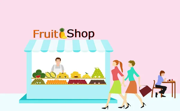 Obstladen Stehen Händler Die Obst Verkaufen Gibt Menschen Die Durchgehen — Stockvektor