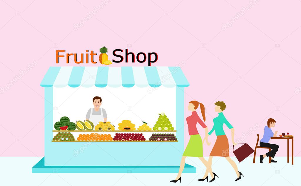 Merchants selling fruit are standing in the fruit shop. There are people walking through and having a pink background.