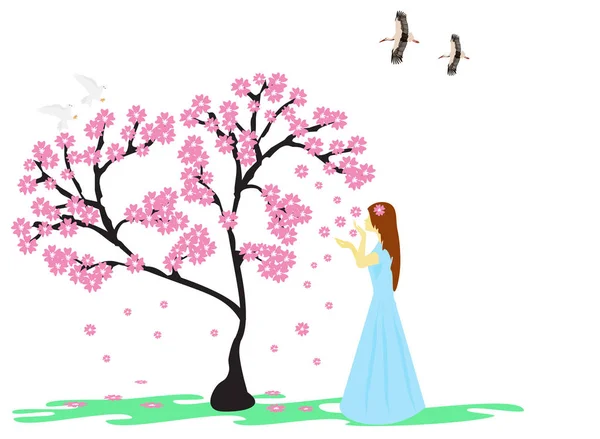 一个穿着蓝色衣服的女人在一棵粉红色花朵的树下有着白色的背景 — 图库矢量图片
