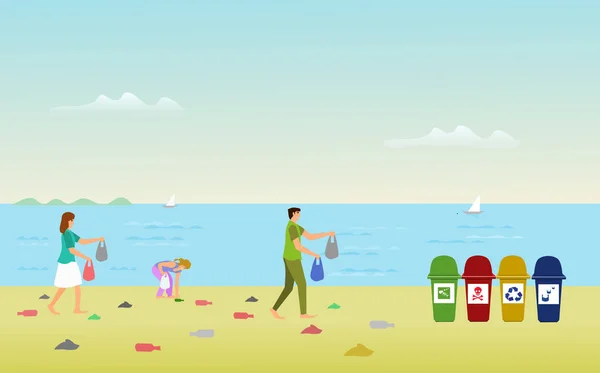 Батьківські Сім Допомагають Збирати Сміття Пляжі Щоб Залишити Сміття Морем — стоковий вектор