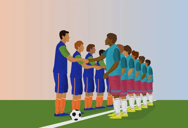 Équipe Football Tient Main Pour Commencer Match Football Fond Bleu — Image vectorielle