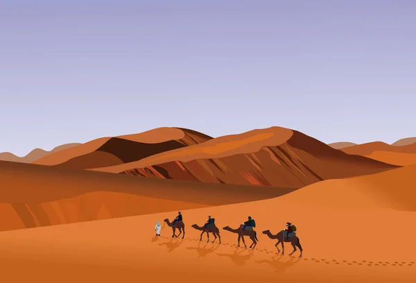 Quatro Camelos Estão Caminhando Sol Quente Deserto Com Fundo Montanha —  Vetores de Stock