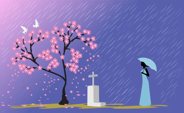 恋人の墓の前に傘を持った青いスカートの女性ピンクの桜の下に雨と青を背景に — ストックベクタ