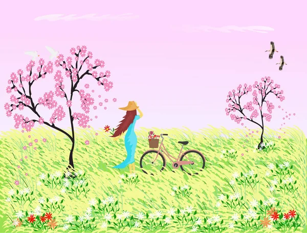 Mavi etekli, şapkalı ve bisikletli bir kadın sazlık çiçekleriyle bir tarlada duruyor ve arka planda pembe gökyüzü olan Sakura ağacı var..