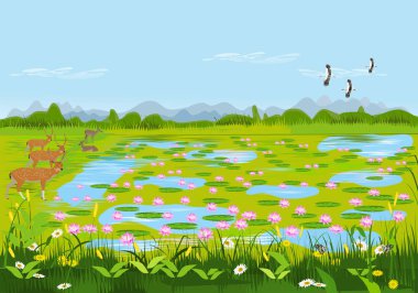 Geyik ve çiçekler ile lotus gölet görünümü. Arka plan olarak ormanlar ve dağlar vardır..