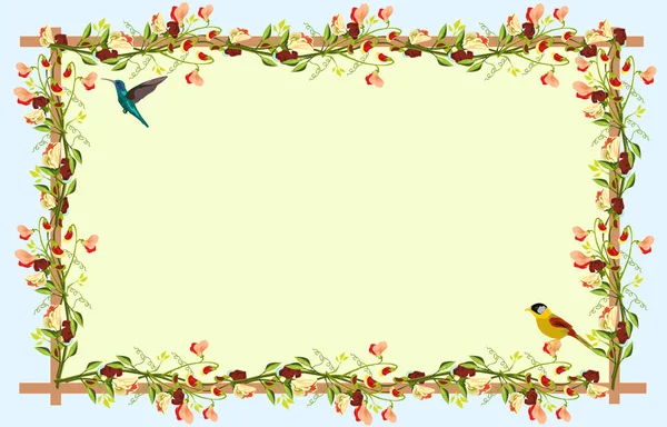 Барвисті Квіти Чотирьох Сторонах Паркану Жовті Птахи Знизу Колібрі Зверху — стоковий вектор