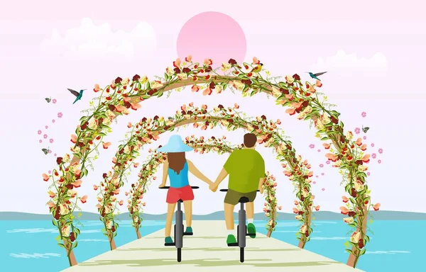 Couples Driving Bicycle Holding Hands Bridge Sea Wooden Pergola — Stock Vector