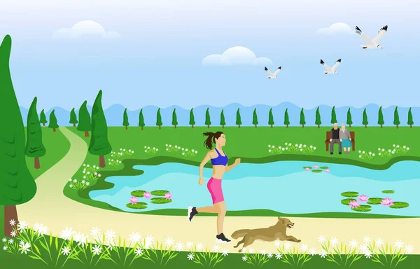 Die Frau Und Ihr Hund Joggen Unterwegs Park Mit Sümpfen — Stockvektor