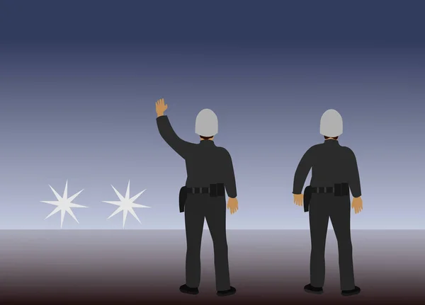 2人の交通警察は 夜間勤務で車が止まるように手を挙げていた — ストックベクタ