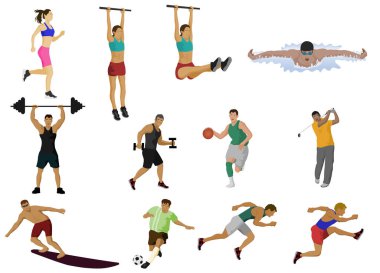 Beyaz bir arka plan üzerinde çeşitli spor oynayan insanların vektörayarlayın