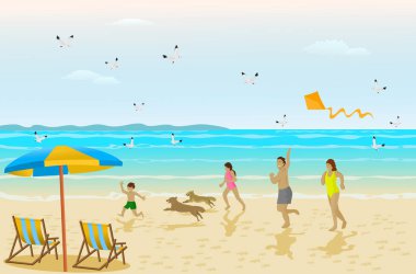 Aile, Anne, kızlar, çocuklar arka plan olarak deniz ile mutlu bir tatil sahilde çalıştıran