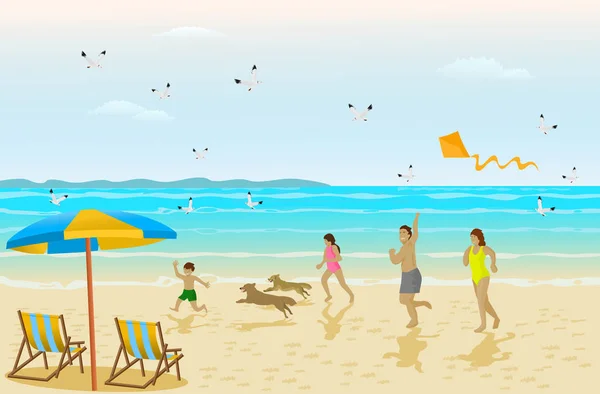 Сім Батьки Дівчата Хлопчики Біжать Пляжі Щасливому Відпочинку Морем Фоном — стоковий вектор
