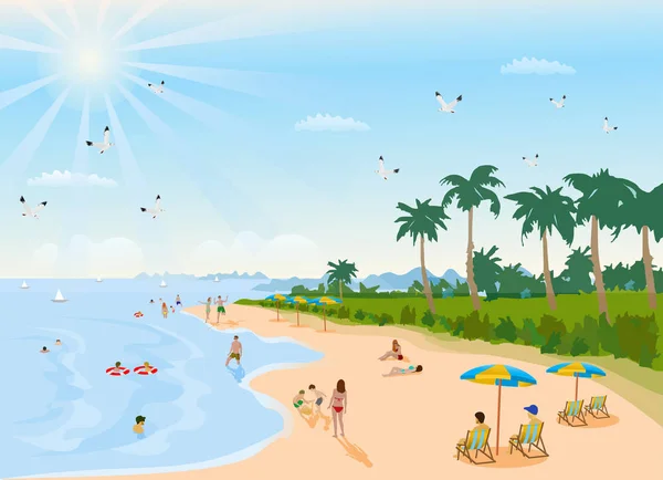 Люди Проводять Різні Заходи Пляжі Відпустці Небом Сонцем Сяє Задньому — стоковий вектор