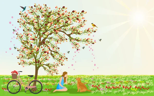 Las Mujeres Los Perros Sientan Debajo Del Árbol Flores Hay — Archivo Imágenes Vectoriales