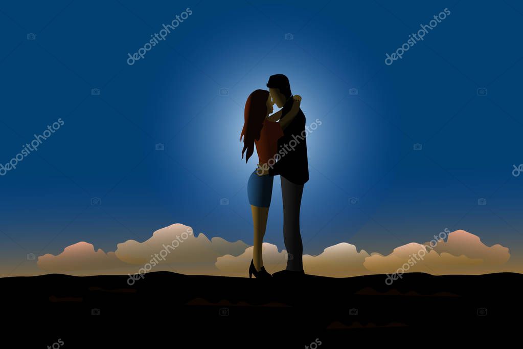 Silhouette Of The Couple Is Kissing On The Hilltop With Moonlight And Blue Sky Background Premium Vector In Adobe Illustrator Ai Ai Format Encapsulated Postscript Eps Eps Format