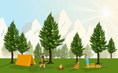 Bir çam ormanında kamp yapan çiftler, karlı dağların örtülmesi ve arka plan olarak pırıl pırıl gün batımları. Erkekler odun tutuyor. Köpeklerle oynayan kadınlar